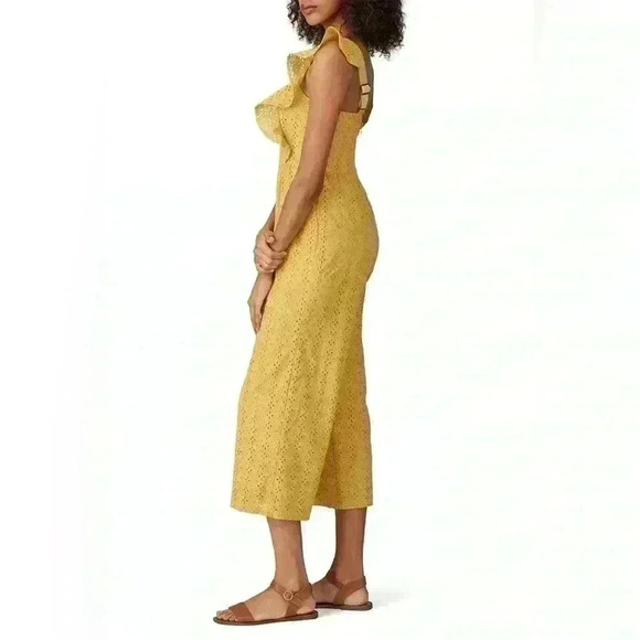 MINKPINK size small yellow embroidered floral jumpsuit with ruffles and pockets - Picture 2 of 9